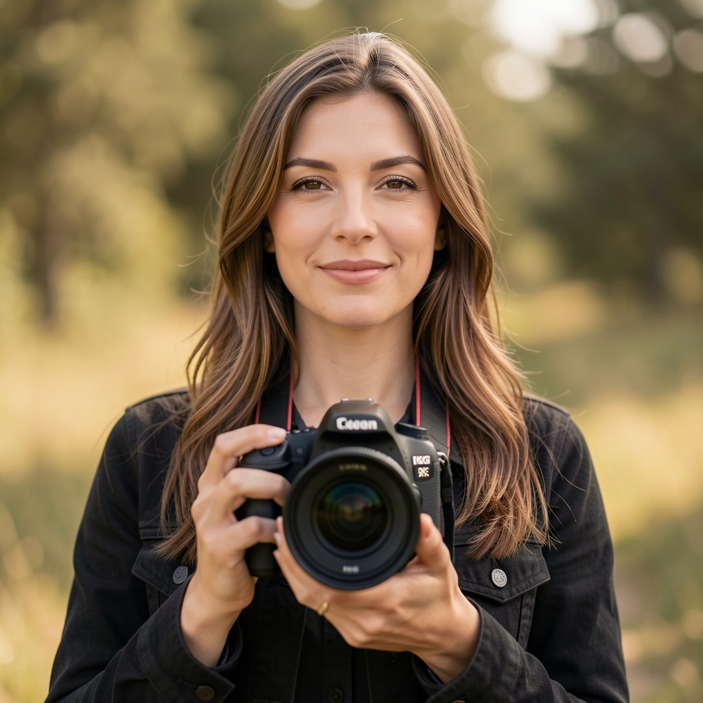 Ана Пауновић, фотографкиња и мултимедијална новинарка, стоји са камером у природном амбијенту